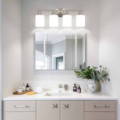 Image of Zarbitta 4-Light Bathroom Light Fixtures, Brushed Nickel Modern Vanity Lights with Milky White Frosted Glass Shades, Bathroom Wall Lamp for Mirror Kitchen Living Room