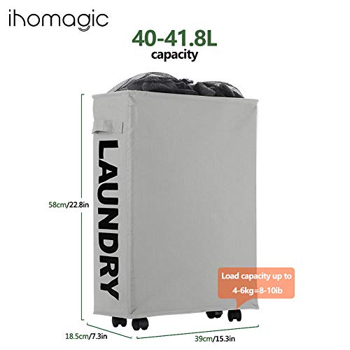 Image of Slim Rolling Laundry Basket with wheel, IHOMAGIC Rectangle Storage Hamper - Thin Laundry Basket Corner Fittable Laundry Bin Flexible Laundry Sorter For Dormitory, Hotel, 39x18.5x58cm 41L, Light Gray