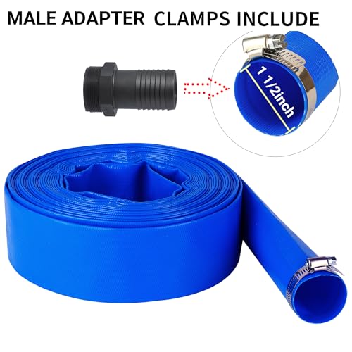 Image of 1-1 /2 inch (Flat 2.6'' width) x 100 FT Pool Backwash Hose Kit with Male NPT | Adapter, Blue Reinforced Pool Drain Discharge Hose for Swimming Pool Filter Pump,with 2 Clamp and Thread Seal Tape