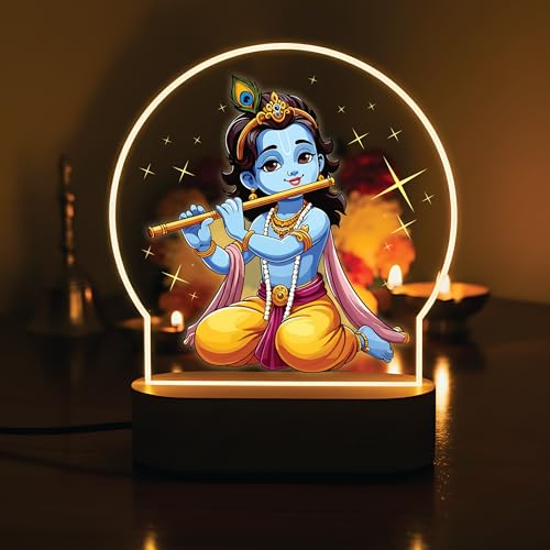 Image of Giftplease Sitting Bal Krishna Flute LED Lamp - Vibrant Printed Night Light with Warm Glow - Divine Murali Manohar Decor for Home Mandir, Kids Room & Gifting GL 08