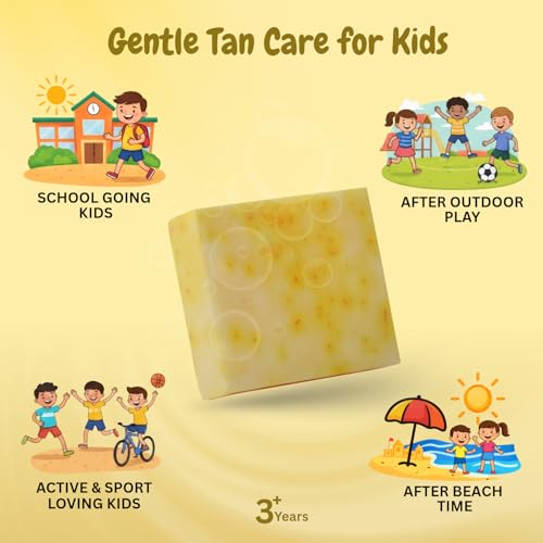 Image of Tekme After Sun Soap for Kids | Gentle Tan Removal & Daily Use Kids De-Tan Soap with Saffron, Turmeric, Papaya & Aloe Vera | Safe for Sensitive Skin | Natural Handmade Soaps for 3 Years+ (75g Pack of 1)