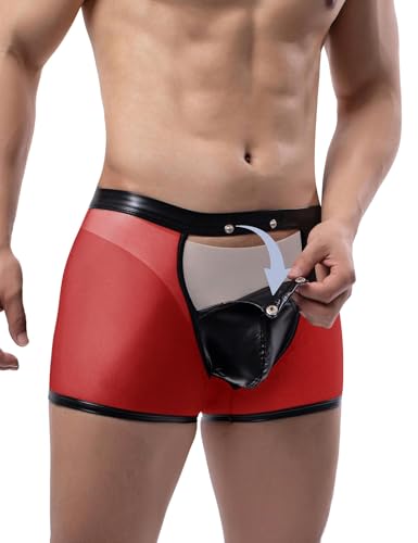 ohmydear Men Sexy Boxer Briefs See Through Mesh Underwear Funny Button Faux Leather Removable Pouch Breathable Underpants
