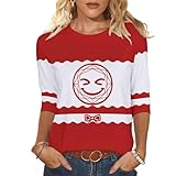 NSICBMNO Weihnachts-T-Shirts für Damen, lustig, 3/4-Ärmel, Rundhalsausschnitt, Weihnachtsbaum-T-Shirt, Schneeflocke, Rentier, hässliches T-Shirt, Neuheit, Weihnachtspullover, Tunika-Tops, T Red, M