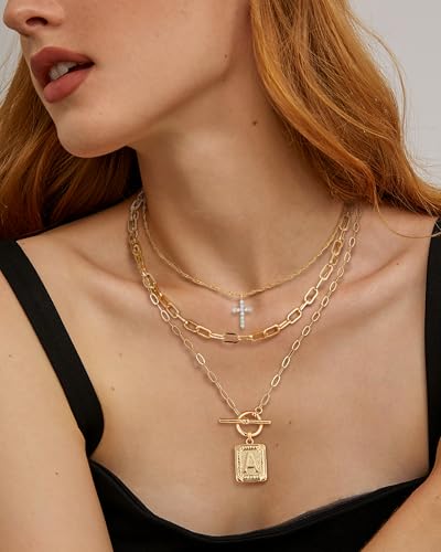 MJartoria Layered Initial Necklaces for Women Trendy, 14K Gold Plated Simple Cross Choker Square Letter Pendant Necklace, Paperclip Chain Necklace, Gold Necklaces Jewelry2