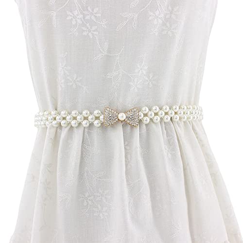 Xiyantiji Dress Belts Rhinestone Pearl Belt for Wedding Dress Shirt Elastic Waist Chains for Women Girls Bow Tie Bridal Belt
