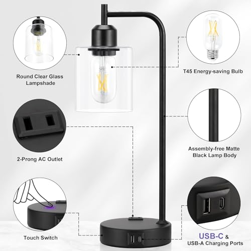 Industrial Touch Table Lamps for Bedrooms Set of 2 - 3-Way Dimmable Nightstand Lamps with USB C+A Ports and Outlet, Black Bedside Lamps with Glass Shade for Living Room, Desk Lamps for Home Office by Innqoo - Image 7