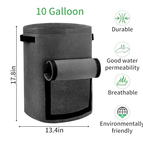 JJGoo 4 Pack Potato Grow Bags 10 Gallon with Flap, Heavy Duty Fabric with Handle and Harvest Window, Non-Woven Planter Pot Plant Garden Bags to Grow Vegetables Tomato, Dark Grey