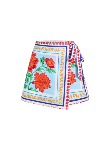 Women's Boho Floral Print Wrap Mini Skirt Bow Tie High Waisted Vacation Skirts