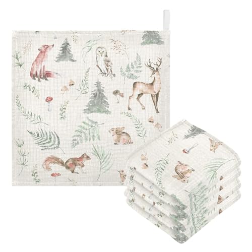 Image of vvfelixl Watercolor Forest Animals Baby Burp Cloths Baby Muslin Washcloths for Boys Girls Cotton Baby Face Towel for Newborn Infants Soft and Absorbent 11.8 X 11.8 in, 5 Pack