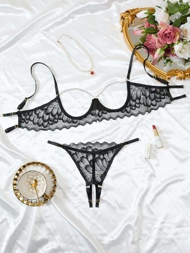 Image of Lilosy Sexy Underwire Floral Lace Sheer Lingerie Set for Women See Through Bra and Panty 2 Piece