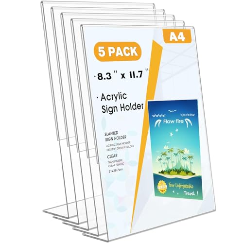 Flow fire A4 Acrylic Sign Holder, 5 Pack L-Shape Perspex A4 Menu Display Stand for Poster, Office Store Restaurant