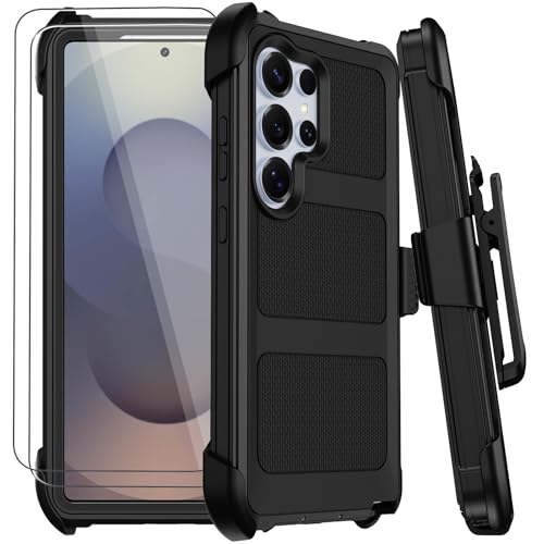 for Samsung Galaxy S25 Ultra Case with Belt Clip Holster Military Grade Anti-Drop Shockproof Defender Phone Cases 2X Screen Protectors 2 Layers Rugged Heavy Duty Protective Bumper Cover (Black)