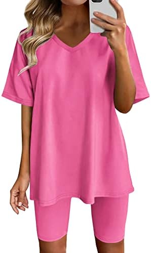 Summer Dresses for Women 2023 2 Piece Workout Sets for Women Crewneck Sleeve Top Legging Shorts Yoga Outfits 2023 Stylish Casual Comfy Workout Jogger Suits(Hot Pink-01,Medium)