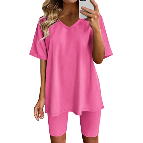 Summer Dresses For Women 2023 2 Piece Workout Sets For Women Crewneck Sleeve Top Legging Shorts Yoga Outfits 2023 Stylish Casual Comfy Workout Jogger Suits(Hot Pink-01,Medium) #TOP2