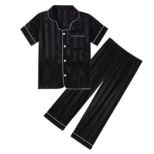 Kids Boys Girls Satin 𝐏a𝐣amas Set Silk Button-Down 𝐒lee𝐩wear Striped Pattern Short Sleeve Shirt & Long Pants 𝐏𝐣s