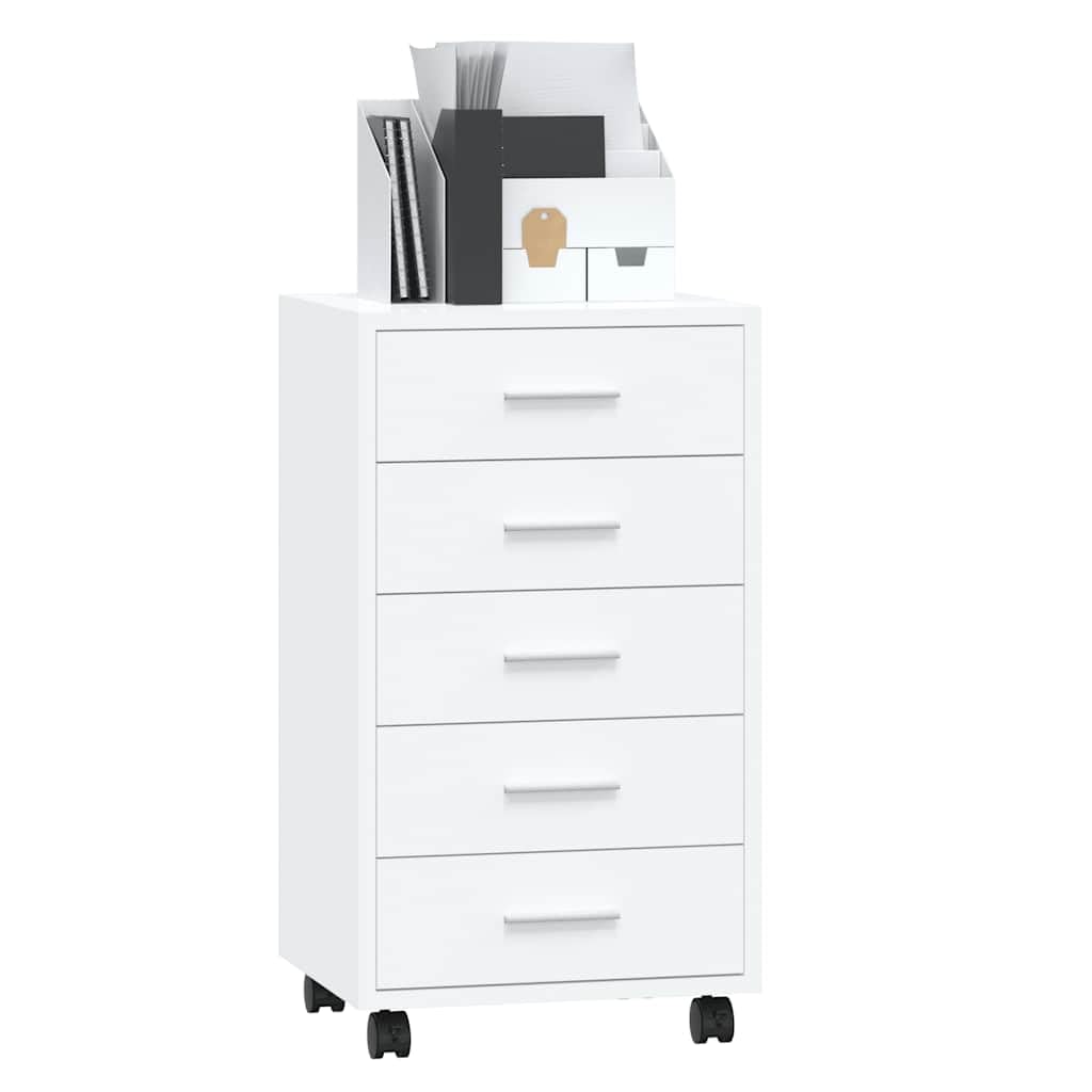 Cassettiera con ruote, in legno bianco lucido, 5 cassetti