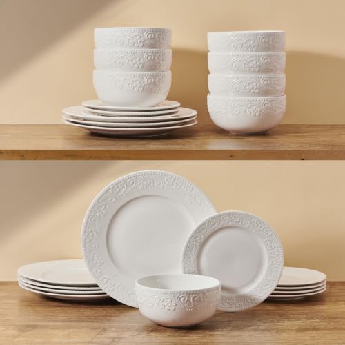 Image of Pfaltzgraff Charm 24 Piece Dinnerware Set, White Porcelain Plates, Bowls