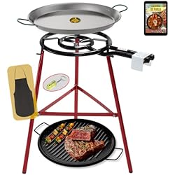 Mejores Paelleras Para Gas COMBOI Kit Paellero-Quemador de gas butano 40 cm de 2 fuegos, paellera de 46 cm + asador grill 46 cm, Soporte Patas reforzadas, nivel, delantal, libro de recetas digital.