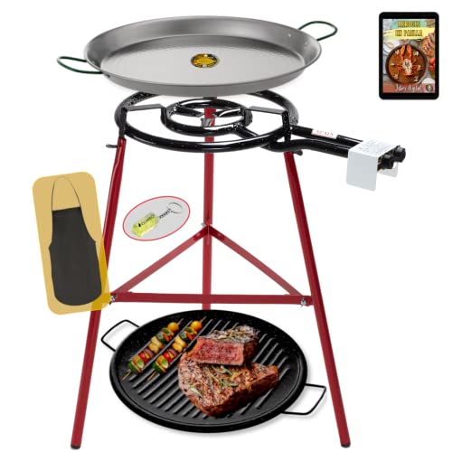 COMBOI Kit Paellero Quemador de gas butano 40 cm de 2 fuegos, paellera de 46 cm + asador grill 46 cm, Soporte Patas reforzadas, nivel, delantal, libro de recetas digital.