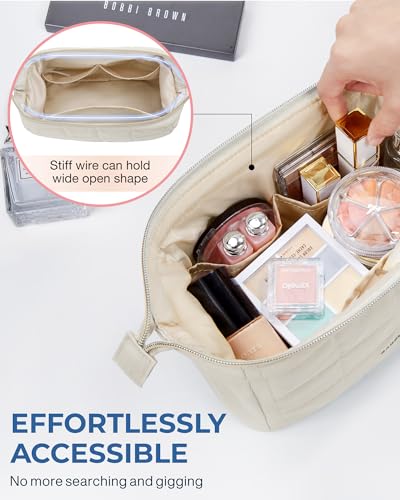 Image of BAGSMART Makeup Bag Cosmetic Bag Wide Open, Beige, M, Wide-open Travel Makeup Bag With Puffy Padded and Rectangular Quilted