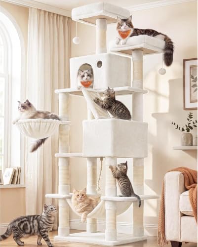 Image of Feandrea Cat Tree, 81.1-in Large Cat Tower, Multi-Level Condo, Cream White