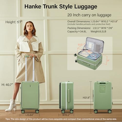 Image of Hanke Carry On Luggage 22x14x9 Airline Approved Spinner Wheels, Top Open Hard Shell Suitcases with Cup Phone Holder and Charger 20 Inch Travel Luggage, Bamboo Green, Carry On 20-Inch, Checked Luggage