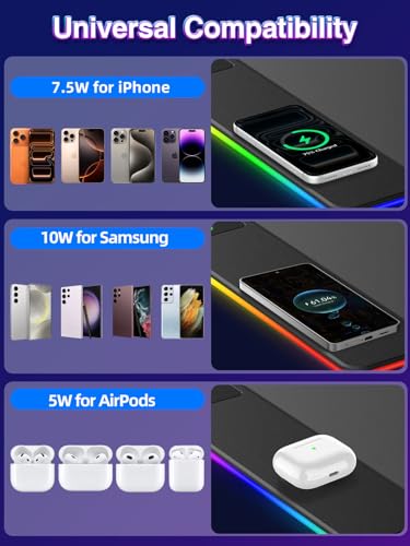 Image of RGB Gaming Mouse Pad with 15W Magnetic Wireless Charging, 31.5'' x 15.8'' | 24 Lighting Effects Desk Mat LED Mousepad with Non-Slip Rubber Base, Light up Your Desk, Waterproof Ultra-Smooth Surface