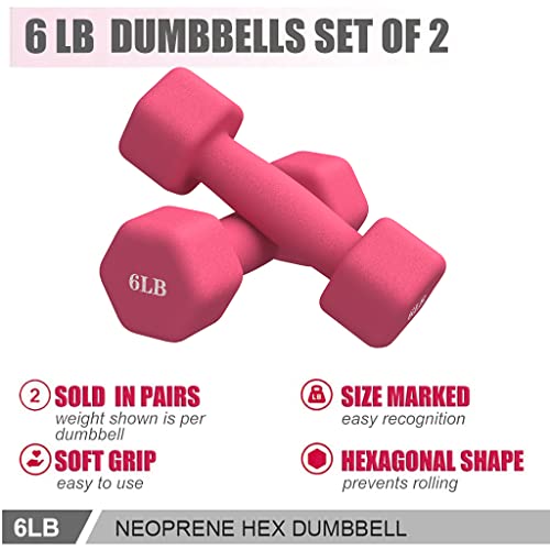 Jungaha 6Lb Dumbbells Set Of 2 Neoprene Coated Dumbbell Set Weight Set, Hex Shaped Heads Weights Dumbbells Set, Strength Training Equipment, 6 Lbs Pink #TOP1