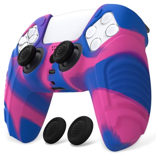 PlayVital Raging Warrior Edition Controller Protective Case Cover for ps5, Anti-Slip Rubber Protector for ps5 Controller, Soft Silicone Skin for ps5 Controller with Thumb Grips - Pink & Purple & Blue