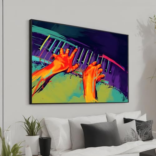 Toile pianiste abstrait aux mains colorees peinture moderne de musique 60x90