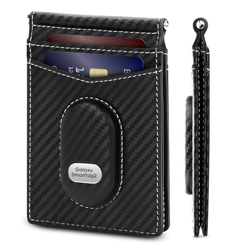 GAOCHALE Slim Bifold Wallet for Samsung Smarttag2 Genuine Leather Minimalist Wallet Compatible with Samsung Tag RFID Blocking Card Holder with ID Windows | Money Clip(Carbon)