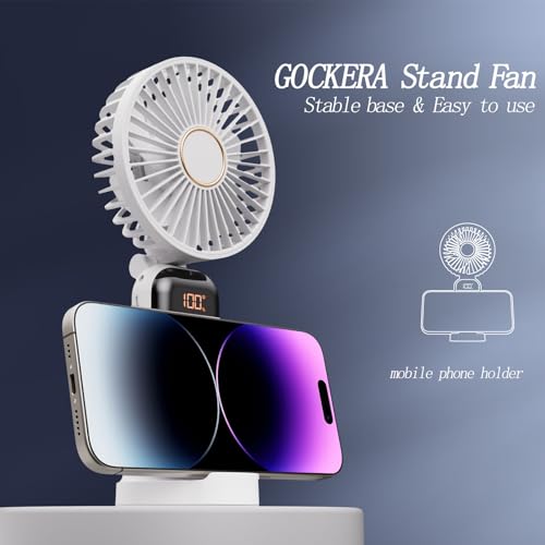 Image of GOCKERA Portable Fan, 4200mAh Battery Operated Fan, 5 Speeds&Digital Display, Makeup Fans for Women with Base, 180Foldable 3in1 Handheld /Neck /Desk Fan for Outdoor Indoor,Ultra Quiet (White)