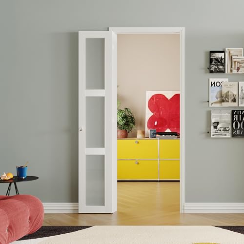 SOLRIG 180 Degree Bifold Door, for 24″x 80″ Openings, White 3-Lite Frosted Folding Door with Hinges Hardware Set, Full Access Bifold Closet Doors Perfect for Interior Openings