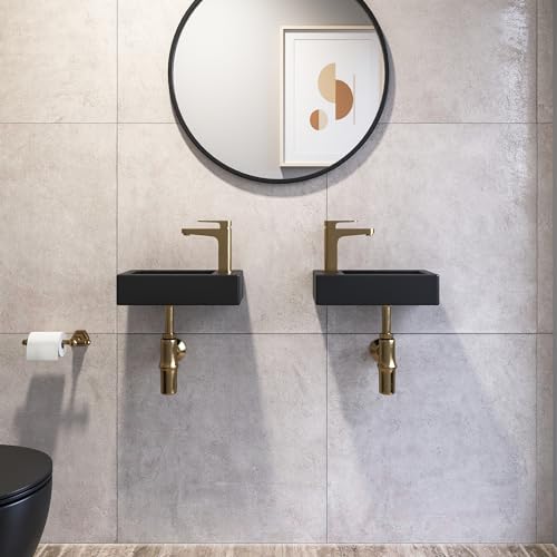 Wall Hung Basin, DeerValley Small Cloakroom Wash Basin, Rectangular Ceramic Compact Bathroom Sinks Without Overflow – 37 x 18.5 x 9cm (Black, Right Hand)