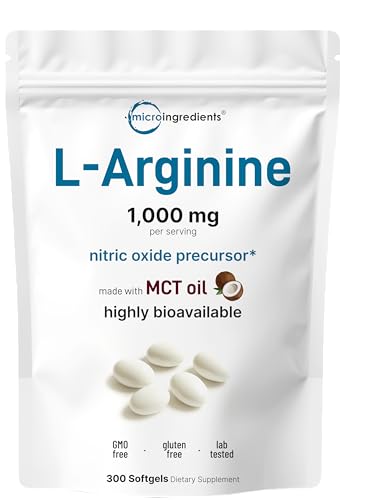 Micro Ingredients L-Arginine 1000mg with MCT Oil, 300 Softgels | Nitric Oxide Precursor* for Men & Women...