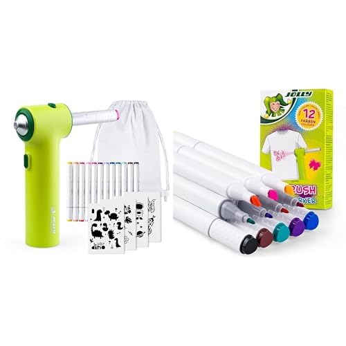 JOLLY Bundle Airbrush Textil Set, inkl. 12 Textilmarker mit Doppelspitze, 4 Schablonen und 1 Sportbeutel Textilmarker, Nachfüllung Textil Airbrush, 12 Farben