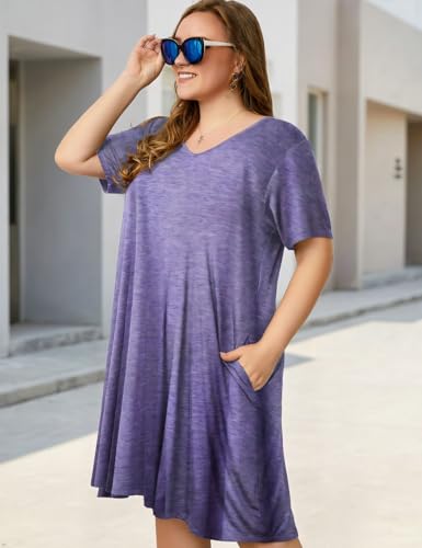 Image of OVERWORETY Womens Short Sleeve Plus Size T-Shirt Dress V Neck Casual Loose Swing A-Line Summer Tunic Dresses with Pockets