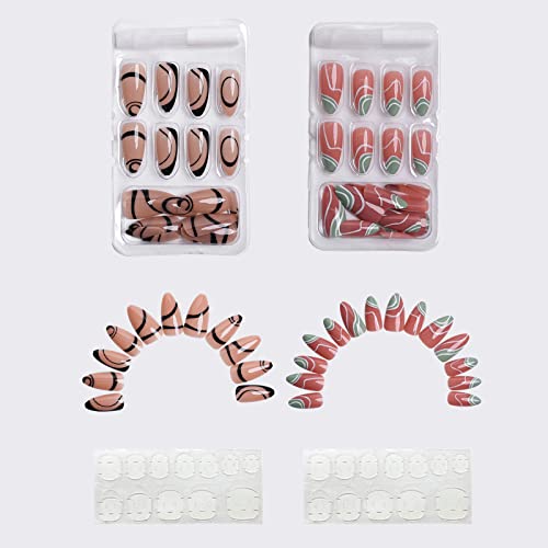 BGHK French Wellenlinien Künstliche Nägel,48 Stück Fake Nails Zum Aufkleben, Bringen 24 Stück Nagelkleber Aufkleber,Schwarze Künstliche Fingernägel Acryl Kunst Drücken Sie Auf Die Nagelspitzen Cover