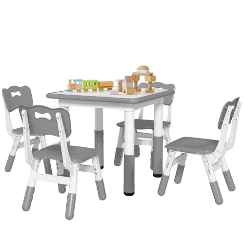 DIMENSIONI: Tavolo: 60L x 60P x 46-58A cm. Sedia: 32P x 36P x 52.5-56A cm. Capacità di peso: 50 kg. Montaggio richiesto. Età consigliata: dai 18 mesi in poi