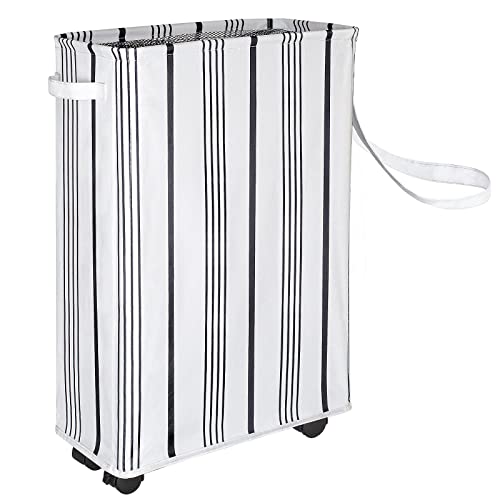 Aels Laundry Basket With Wheels, Rolling Laundry Hamper With Handle 45L, Foldable Corner Storage Bins, Collapsible Hamper For Laundry Room Cloakroom Bedroom (Slim 22", White With Gray Stripes) #TOP28