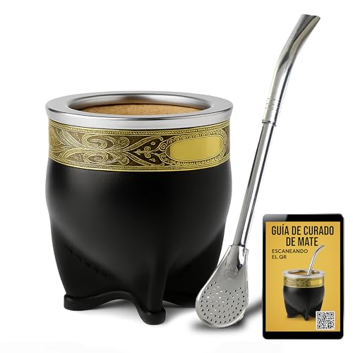 Alevem Kit Mate Imperial Premium + Bombilla Mate Pico de Loro | Vaso Calabaza Artesano y Bombilla de Acero Inoxidable Ideal para Regalar o Tomar diariamente | Incluye Guía de Curado