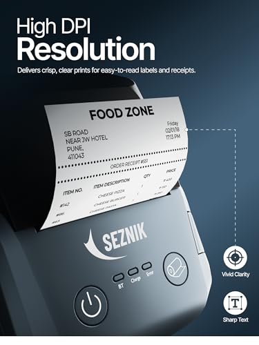 Image of SEZNIK DEV Bluetooth Thermal Label + Receipt Printer for Business | Inkless Mini | 203 DPI | Mobile, Desktop Compatible | Upto 2 inch Print | 1 Year Warranty