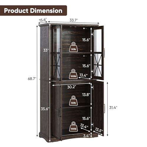 69-Tall-Farmhouse-Storage-Cabinet-Retro-Display-Cabinet-with-RGB-Lights-Freestanding-Kitchen-Pantry-Cabinet-with-2-Glass-Door-Cabinets-for-Kitchen-Living-Room-Home-Office-Brown 69 Tall Farmhouse Storage Cabinet Retro Display Cabinet with RGB Lights Freestanding Kitchen Pantry Cabinet with 2 Glass Door Cabinets for Kitchen Living Room Home Office Brown