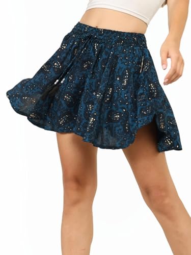 Image of KE KANHA EXPORTS Women's Boho Printed Viscose Flared Shorts | Skort‑Style Silhouette | Elastic Waist with Tassel Drawstring | Lightweight Summer Casual