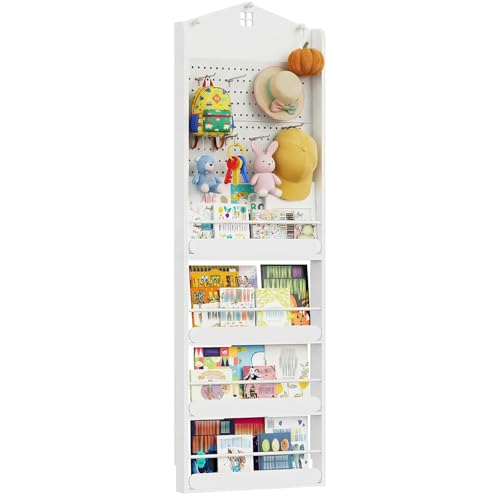 HOOBRO Behind The Door Bookshelf Wooden Behind Door Bookshelf 4-Tier Space Saving Behind The Door Bookcase with DIY Pegboard Kids Wall Bookcase for Kids Room Bedroom Nursery White WW192CW01
