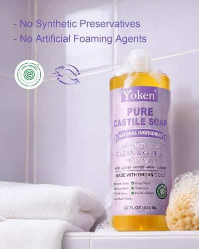 Image of Yoken Lavender Castile Soap Liquid (EWG Verified, 32 OZ) Made with Certified Organic Oils, Gentle Lavender Soap for Body Wash, Face, Hands, Dishes, Laundry & More, Vegan Natural Versatile Cleanser