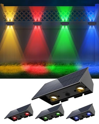 Roopure Solar Fence Lights 4 Pack, 5 Modes Warm White & RGB Solar Lights for Outside Wall, Up & Down Solar Deck Lights Waterproof LED, Bright Outdoor Light Color Changing Decor for Halloween Christmas Roopure Solar Fence Lights 4 Pack, 5 Modes Warm White & RGB Solar Lights for Outside Wall, Up & Down Solar Deck Lights Waterproof LED, Bright Outdoor Light Color Changing Decor for Halloween Christmas
