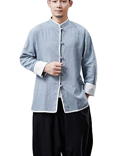 LZJN Men's Spring Lightweight Kung fu Tang Suit Coat Chinese Traditional Frog Button Linen Shirts2