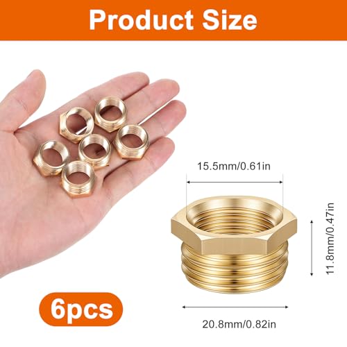 DOPENSPI 6 Stück Messing Reduzierstück,1/2 auf 3/8 Zoll Adapter (AG Ø 20.8mm x IG Ø 15.5mm) Reduziernippel Gewindefitting Außengewinde auf Innengewinde Nippel für Wasserleitungen Wasserpumpen
