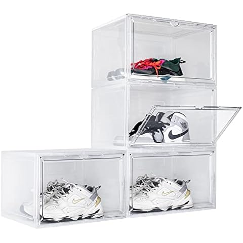 Shoe boxes Clear Plastic Stackable Sneaker Display Case with Side Door Pack of 4, Shoe Containers for Closet with Lids Shoe Storage Boxes Fit Shoe Size Up to US 13 (4 Pack Clear) Cover